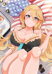 1girl absurdres american_flag american_flag_print black_bra blonde_hair blue_eyes blush bra breasts can cellphone cleavage collarbone drink_can flag_print frilled_bra frills highres iowa_(kancolle) kantai_collection komb large_breasts legs_up long_hair looking_at_viewer lying nintendo_switch on_back on_bed parted_lips phone pillow smartphone soda_can solo star-shaped_pupils star_(symbol) symbol-shaped_pupils underwear
