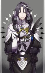1boy arm_behind_back asymmetrical_sidelocks belt black_belt black_cape black_eyes black_feathers black_hair black_robe blue_gemstone brass_knuckles brooch cape colored_inner_hair cowboy_shot creatures_(company) cross cuff_links doily dress_shirt emblem eyes_visible_through_hair feathers game_freak gem gen_8_pokemon gloves grey_background grey_hair hair_flaps hand_on_own_chest highres holding holding_cross hood hood_down hooded_cape jewelry legendary_pokemon lollypopcandy8050 long_hair long_sleeves looking_at_viewer male_focus multicolored_hair nintendo parted_bangs personification pokemon robe shirt sidelocks sleeve_cuffs solo standing straight-on streaked_hair tassel turtleneck two-sided_cape two-sided_fabric urshifu urshifu_(rapid) weapon white_cape white_hair white_shirt yellow_gloves