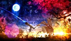 Rule 34 | 1girl, autumn leaves, black pantyhose, blonde hair, brown dress, chooco (chocoshi), collared dress, comet, commentary request, dress, floating hair, full body, full moon, grass, hand up, high collar, highres, layered dress, leaf, meteor shower, moon, night, night sky, open mouth, original, pantyhose, sky, solo, standing, sun, sunlight, sunrise, telescope, tree