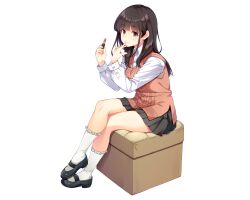 Rule 34 | 1girl, aizawa yukari, applying makeup, arms up, black hair, black shoes, black skirt, blunt bangs, brown eyes, buttons, closed mouth, collared shirt, cosmetics, crossed legs, dress shirt, finger to mouth, fingernails, full body, hands up, highres, holding, holding lipstick tube, kneehighs, light blush, lipstick tube, long hair, long sleeves, looking at viewer, mary janes, miniskirt, official art, orange sweater vest, pleated skirt, promotional art, ren&#039;ai hajimemashite, shirt, shoes, sidelocks, simple background, sitting, skirt, smile, socks, solo, straight hair, sweater vest, transparent background, unasaka ryou, white shirt, white socks
