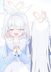 2girls :d ahoge arona_(blue_archive) black_coat blue_archive blue_shirt blush bow bow_hairband choker closed_eyes coat colored_inner_hair dress facing_viewer hair_over_one_eye hair_ribbon hairband halo heart heart_halo highres interlocked_fingers iv_(iv70311741) long_hair long_sleeves multicolored_hair multiple_girls neckerchief open_mouth own_hands_clasped own_hands_together plana_(blue_archive) red_halo ribbon sailor_collar shirt skirt smile very_long_hair white_choker white_dress white_hairband white_neckerchief white_ribbon white_sailor_collar white_skirt