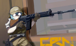 1girl absurdres battle_rifle belt black_belt blank_eyes blue_hair brown_gloves brown_hat brown_pants bulletproof_vest character_name cirno cirno_(cookie) commentary cookie_(touhou) cowboy_shot fn_fal gloves gun handgun hat headset highres holding holding_gun holding_weapon kto_znaet no_mouth pants rifle shaded_face shirt short_hair short_sleeves solo tactical_clothes touhou weapon white_shirt