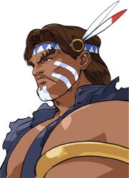 1boy absurdres bare_shoulders bengus brown_hair facepaint forked_eyebrows frown game_cg headdress highres long_hair muscular native_american native_american_headdress non-web_source official_art portrait scowl simple_background solo street_fighter street_fighter_zero_(series) thunder_hawk torn_clothes torn_sleeves upper_body v-shaped_eyebrows white_facepaint