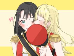 Rule 34 | !?, 2girls, bang dream!, black hair, blonde hair, blue eyes, closed eyes, commentary request, epaulettes, hair ornament, hairclip, hat, highres, holding, holding unworn clothes, holding unworn hat, kiss, kissing cheek, long hair, medium hair, multicolored hair, multiple girls, nanami (nunnun 0410), okusawa misaki, red hat, roots (hair), sleeveless, tsurumaki kokoro, unworn hat, unworn headwear, upper body, yuri
