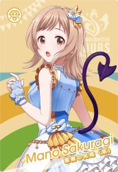 1girl brown_eyes brown_hair chain fingerless_gloves flag frills gloves hair_ornament idol_clothes idolmaster idolmaster_shiny_colors idolmaster_tours official_art open_mouth sakuragi_mano solo tail wrist_cuffs