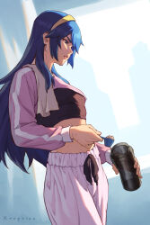 1girl artist_name blue_eyes blue_hair fire_emblem fire_emblem_awakening highres holding_thermos long_hair lucina_(fire_emblem) midriff nintendo pants phrecklesart pink_pants pink_track_suit solo thermos track_suit upper_body