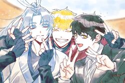 3boys black_gloves black_jacket black_shirt blonde_hair blue_eyes blue_hair brown_hair cape earrings ego_jellybee eye_print facepaint facial_mark fingerless_gloves gloves hanbok jacket jewelry khun_eduan_(data) korean_clothes long_hair long_sleeves looking_at_viewer multiple_boys ponytail red_cape shirt signature simple_background smile teeth tower_of_god twenty-fifth_bam twitter_username v white_hanbok yellow_background zahard_(data) zipper