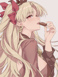1girl absurdres blonde_hair breasts chocolate cleavage ereshkigal_(fate) evzeva fate/grand_order fate_(series) food hair_between_eyes highres holding holding_chocolate holding_food large_breasts long_hair looking_at_viewer parted_bangs portrait red_eyes simple_background solo type-moon white_background