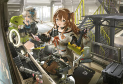 Rule 34 | 2girls, :d, absurdres, assault rifle, beret, black boots, black choker, black gloves, black jacket, blonde hair, blue bow, blue scrunchie, boots, bow, breasts, brown hair, brown thighhighs, chair, choker, commentary request, cup, daewoo k2, girls&#039; frontline, girls&#039; frontline 2: exilium, gloves, grey eyes, gun, hat, highres, holding, holding brush, holding cup, holding makeup brush, indoors, jacket, k2 (girls&#039; frontline), lipstick, long hair, long sleeves, looking at viewer, makeup, makeup brush, makeup palette, mr. pizza (girls&#039; frontline 2), multiple girls, navel, one side up, open mouth, partially fingerless gloves, plaid clothes, plaid skirt, pleated skirt, rifle, ring light, scrunchie, sitting, skirt, smile, stairs, teacup, teapot, thighhighs, veerinly, vepley (girls&#039; frontline 2), weapon, white hat, wrist scrunchie, yoohee (girls&#039; frontline 2)