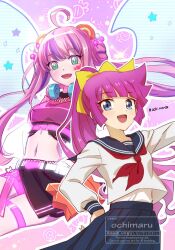Rule 34 | 2girls, black skirt, blue eyes, blue wings, character request, cowboy shot, duel monster, facial mark, headphones, headphones around neck, high ponytail, kirishima romin, long hair, multiple girls, neckerchief, ochi marco, pleated skirt, ponytail, purple hair, red neckerchief, school uniform, shirt, skirt, twitter username, very long hair, white shirt, wings, yu-gi-oh!, yu-gi-oh! rush duel, yu-gi-oh! sevens