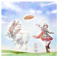 Rule 34 | 2girls, boots, cosplay, dog, grey eyes, highres, hood, iesupa, lolita fashion, long hair, multiple girls, no legwear, ruby rose, rwby, short hair, side ponytail, weiss schnee, weiss schnee (cosplay), welsh corgi, zwei (rwby)