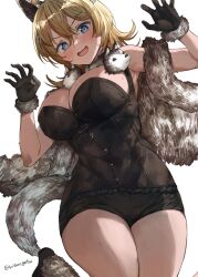1girl @_@ animal_costume animal_ears animal_hands black_gloves black_shorts blonde_hair blue_eyes boots breasts brown_tank_top cloak fake_animal_ears fake_tail fur_boots fur_cloak gloves halloween_costume highres kantai_collection large_breasts medium_hair mizuta_kenji official_alternate_costume open_mouth paw_gloves short_shorts shorts solo tail tank_top tuscaloosa_(halloween)_(kancolle) tuscaloosa_(kancolle) wolf_costume wolf_ears wolf_girl wolf_tail