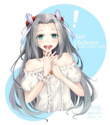Rule 34 | 1girl, absurdres, bare shoulders, black choker, blush, casual, character name, choker, collarbone, highres, long hair, looking at viewer, off shoulder, open mouth, robotics;notes, robotics;notes dash, science adventure, short sleeves, simple background, smile, solo, teeth, upper body, upper teeth only, yakku, yukifune airi