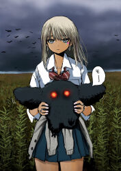 1girl blonde_hair blue_skirt bow bowtie cardigan cardigan_around_waist closed_mouth clothes_around_waist cloud collared_shirt commentary cowboy_shot creature cryptid dark-skinned_female dark_clouds dark_skin day earrings english_commentary expressionless field floating_hair giba_ryan grey_cardigan gyaru highres holding holding_creature jewelry kogal long_hair loose_bowtie mothman multiple_rings original outdoors overcast pink_nails pleated_skirt red_bow red_bowtie ring school_uniform shirt short_sleeves simple_bird skirt sky solo speech_bubble standing sticker_on_face translation_request white_shirt