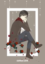 Rule 34 | 1boy, black eyes, black hair, boots, brown background, brown boots, brown coat, character request, closed mouth, coat, diamond (shape), elbow on knee, eyes visible through hair, flower, full body, grey pants, grey sweater, hand on own cheek, hand on own face, happy, kamen rider, kamen rider amazons, kirina zero, knee up, layered sleeves, long sleeves, looking at viewer, male focus, open clothes, open coat, pants, peony (flower), petals, red flower, red scarf, scarf, short hair, smile, solo, sparkle, striped clothes, striped sweater, sweater