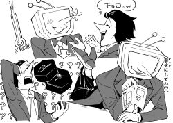 Rule 34 | 2boys, ?, absurdres, ant tenna, blush, closed eyes, collared shirt, crt, daihonei1945, deltarune, flower, gloves, greyscale, hand on own head, highres, holding, jacket, jewelry, lying, male focus, monochrome, multiple boys, necktie, object head, on stomach, pants, pointy nose, ring, shirt, shoes, short hair, small sweatdrop, smile, spamton g. spamton, tailcoat, teeth, thermometer, upper teeth only, yaoi