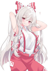 1girl arm_up armpits bow braid breasts buttons commentary_request fujiwara_no_mokou hair_bow hand_in_own_hair light_blush long_hair looking_at_viewer medium_breasts multiple_hair_bows ofuda ofuda_on_clothes presenting_armpit red_eyes red_suspenders shirt sleeveless smile solo suspenders teeth tosakaoil touhou twin_braids white_background white_hair white_shirt