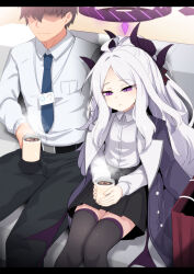 1boy 1girl black_halo black_horns black_skirt black_thighhighs blue_archive blue_necktie closed_mouth coat coat_on_shoulders collared_shirt commentary_request cup doodle_sensei_(blue_archive) fumutarou halo highres hina_(blue_archive) holding holding_cup horns id_card long_hair long_sleeves multiple_horns necktie partial_commentary purple_eyes purple_wings sensei_(blue_archive) shirt skirt smile thighhighs white_hair white_shirt wings
