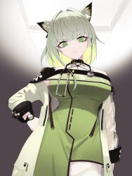 Rule 34 | 1girl, absurdres, animal ear fluff, animal ears, arknights, arm at side, bare shoulders, blonde hair, breasts, bright pupils, closed mouth, colored inner hair, commentary, cowboy shot, from below, green eyes, grey hair, halterneck, hand on own hip, highres, holding, holding stethoscope, kal&#039;tsit (arknights), large breasts, light frown, multicolored hair, off shoulder, short hair, sikakuinasu, solo, split mouth, standing, stethoscope, two-tone hair, watch, white pupils, wristwatch