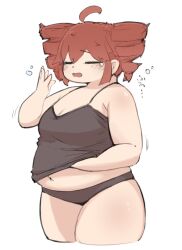 ... 1girl ahoge alternate_body_size blush breasts cleavage closed_eyes commentary_request cowboy_shot cropped_legs drill_hair fat fatass_teto_(meme) hair_between_eyes kasane_teto large_breasts long_hair meme nantekottai25 navel open_mouth red_hair simple_background solo thick_arms thick_thighs thighs twin_drills utau white_background