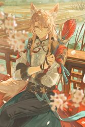 1boy absurdres animal_ear_fluff animal_ears belt bench black_gloves black_pants blurry branch closed_mouth crossed_arms crossed_legs depth_of_field falling_petals feather_fan feet_out_of_frame flower fox_boy fox_ears fox_tail gloves hair_between_eyes hair_ornament hair_stick hand_fan highres holding holding_fan honkai:_star_rail honkai_(series) jacket jiaoqiu_(honkai:_star_rail) long_hair looking_at_viewer male_focus mandarin_collar o-ring o-ring_belt on_bench outdoors pants parted_bangs petals pink_hair red_jacket shirt single_glove sitting sleeves_past_wrists smile solo tail water white_flower white_petals white_shirt yellow_eyes zante_(0xx0xzt)