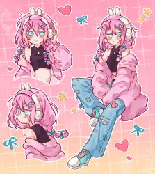 1girl :&lt; absurdres alternate_hairstyle animal_ear_headphones animal_ears aubrey_(birthday)_(omori) aubrey_(faraway)_(omori) aubrey_(omori) blue_bow blue_eyes blue_shoes blush bow breasts closed_mouth crop_top denim fake_animal_ears hair_bow headphones heart highres jacket jeans long_sleeves looking_at_viewer navel official_alternate_costume omori pants pink_hair pink_jacket rabbit_ear_headphones shoes small_breasts smile sneakers solo thatbirdcanfly torn_clothes torn_jeans torn_pants