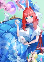 1girl 2others absurdres alternate_costume animal_ears aqua_eyes balloon basket blue_boots blue_bow blue_bowtie blue_hat blue_skirt blush boots bow bowtie breasts cherry_blossoms closed_mouth dress easter_egg egg genshin_impact hair_between_eyes hat highres long_hair looking_at_viewer marufus medium_breasts multiple_others nilou_(genshin_impact) pantyhose rabbit rabbit_ears red_hair short_sleeves skirt smile striped_clothes striped_pantyhose top_hat white_dress