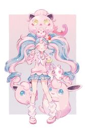 1girl :o aqua_eyes aqua_hair bag blue_skirt border collared_shirt commentary creatures_(company) earrings fairy_miku_(project_voltage) flower frilled_wristband game_freak gen_1_pokemon gen_2_pokemon gradient_background grey_background hair_flower hair_ornament hand_on_own_shoulder hatsune_miku holding holding_bag igglybuff inset_border jewelry jigglypuff long_hair looking_at_viewer loose_socks neckerchief nintendo one_eye_closed pink_background pink_flower pink_hair pink_nails pink_shoes pink_sweater plaid_clothes plaid_skirt pokemon pokemon_(creature) project_voltage ryokuno_green scream_tail shirt shoes skirt socks sweater symbol-only_commentary twintails v very_long_hair vocaloid white_bag white_border white_neckerchief white_shirt white_socks wigglytuff yellow_flower