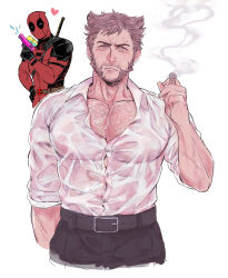 2boys absurdres bara beard belt bodysuit brown_hair buttons chest_hair cigar closed_mouth collarbone commentary deadpool deadpool_&amp;_wolverine deadpool_(series) facial_hair heart highres holding holding_behind_back holding_cigar holding_water_gun holding_weapon_behind_back katana large_pectorals male_focus marvel marvel_cinematic_universe mask masososo mature_male multiple_boys muscular muscular_male pants pectorals red_bodysuit shirt short_hair smoke superhero_costume sword sword_on_back symbol-only_commentary tight_clothes tight_shirt veins veiny_arms water_gun weapon weapon_on_back wet wet_clothes wet_shirt white_shirt wolverine_(x-men) x-men yaoi