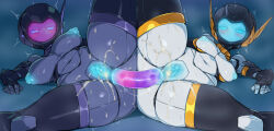Rule 34 | 2girls, 30 minutes missions, anus, ass-to-ass, blue anus, blue nipples, blue pussy, breasts, colored nipples, colored pussy, cum, cum on body, cum on lower body, double ended dildo, embarrassed, exm-h15d acerby type d, exm-h15e acerby type e, helmet, lying, medium breasts, multiple girls, one leg raised, pochincoff, presenting, pussy, robot girl, sex, spread legs, trembling, yuri