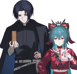 Rule 34 | 1boy, 1girl, bandaged arm, bandaged hand, bandages, bat ornament, belt, belt pouch, bianca (black survival), bianca (transfer student) (black survival), bible (object), black choker, black coat, black hair, black neckerchief, black survival, blood, blood bag, blue hair, book, bow, choker, clerical collar, closed eyes, coat, coat on shoulders, commentary, cossack, cropped shirt, cross, crossed bangs, double-parted bangs, eternal return: black survival, expressionless, facing down, fang, fingernails, grey eyes, hair between eyes, hair bow, hand on own hip, head down, height difference, highres, holding, holding book, johann (black survival), lapels, large bow, latin cross, light blush, light smile, long hair, long sleeves, looking to the side, looking up, midriff, nail polish, neckerchief, notched lapels, pale skin, pouch, priest, red bow, red eyes, red nails, red serafuku, red shirt, red skirt, sailor collar, sailor shirt, school uniform, serafuku, shirt, short hair, side-by-side, simple background, skirt, sp0i0ppp, star-shaped pupils, star (symbol), symbol-only commentary, symbol-shaped pupils, upper body, upturned eyes, vampire, very short hair, white background, white belt, white sailor collar
