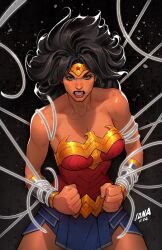 1girl bare_shoulders black_hair blue_eyes bracer breasts clenched_hands clenched_teeth dated david_nakayama dc_comics highres initial long_hair medium_breasts solo strapless teeth tiara wonder_woman wonder_woman_(series)