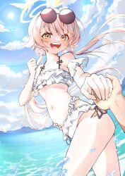 1boy 1girl :d absurdres bare_shoulders beach bikini blue_archive blue_sky brown_hair clenched_hand cloud commentary detached_sleeves english_commentary eyewear_on_head feet_out_of_frame flat_chest frilled_bikini frilled_bikini_top frills halo hifumi_(blue_archive) hifumi_(swimsuit)_(blue_archive) highres holding_hands kghazir long_hair looking_at_viewer low_twintails multi-strapped_bikini_bottom navel ocean offering_hand official_alternate_costume open_mouth pov pov_hands round_eyewear side-tie_bikini_bottom sky smile solo_focus sun sunglasses swimsuit teeth twintails upper_teeth_only wading white_bikini yellow_eyes yellow_halo