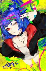 1girl absurdres animal_ears bandaid bandaid_on_hand bear_ears bear_girl black_choker black_jacket blue_hair blue_nails choker closed_mouth collarbone fang from_above hand_on_own_hip highres jacket jewelry looking_at_viewer multiple_rings nail_polish necklace one_eye_closed open_clothes open_jacket red_eyes red_nails ring short_hair skin_fang smile solo star_(symbol) yellow_background zyllypepper