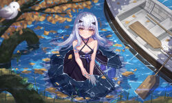 1girl bare_shoulders bird black_dress blush boat breasts dress fate/grand_order fate_(series) forked_eyebrows highres hoodier long_hair looking_at_viewer melusine_(fate) oar rowboat sidelocks small_breasts smile solo tree water white_hair yellow_eyes