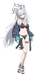 absurdres animal_ears bikini black_bikini black_sandals blue_archive breasts cardigan green_halo grey_cardigan grey_hair gun h&amp;k_mp5k halo highres large_breasts sandals shiroko_(blue_archive) shiroko_terror_(blue_archive) simple_background submachine_gun swimsuit thigh_strap weapon white_background wolf_ears zi0807