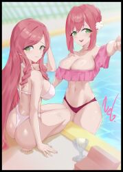 Rule 34 | 2girls, artist request, ass, bikini, breasts, cleavage, female focus, flower, green eyes, hair flower, hair ornament, hanazono hahari, hanazono hakari, highleg, highleg bikini, kimi no koto ga dai dai dai dai daisuki na 100-nin no kanojo, large breasts, long hair, looking at viewer, mature female, mother and daughter, multiple girls, navel, pink hair, short hair, signature, smile, stomach, swimsuit, thong, thong bikini, underboob, white bikini