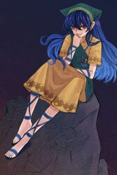 3girls apron arm_ribbon blue_hair dress full_body green_apron green_headscarf haniyasushin_keiki headscarf highres jewelry joutouguu_mayumi leg_ribbon magatama magatama_necklace multiple_girls necklace red_eyes ribbon sandals short_sleeves single_strap sitting smile staygold tools touhou yellow_dress