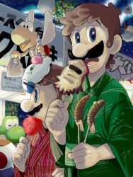 3boys ^_^ bag bamboo banana blooper_(mario) blue_eyes boo_(mario) bottle brothers brown_hair candy_apple character_mask cheep_cheep chocolate_banana closed_eyes commentary_request facial_hair festival flying food fruit ghost green_kimono green_sash hand_up holding holding_bag holding_bottle holding_food ikayaki japanese_clothes kimono kinashi koopa_paratroopa lakitu long_sleeves looking_at_viewer looking_to_the_side luigi male_focus mallow_(mario) mario mario_(series) market_stall mask mask_on_head multiple_boys mustache night nintendo obi open_mouth outdoors ramune red_kimono red_toad_(mario) round_teeth sash short_hair siblings sign sky smile star_(sky) starry_sky striped_clothes striped_kimono summer_festival super_mushroom super_star_(mario) tanabata tanzaku teeth toad_(mario) tongue tongue_out vertical-striped_clothes vertical-striped_kimono white_wings wide_sleeves wings yoshi yukata