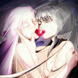 2girls alien_stage black_hair bridal_veil closed_eyes colored_eyelashes commentary hand_on_another&#039;s_arm hand_on_another&#039;s_face heart heart-shaped_gem k_4i9 long_hair mizi_(alien_stage) mouth_hold multiple_girls nude official_alternate_hair_length official_alternate_hairstyle open_mouth pink_hair see-through_clothes see-through_veil shared_veil sua_(alien_stage) symbol-only_commentary veil yuri