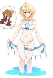 Rule 34 | 1boy, 1girl, bare arms, bare legs, bikini, black gloves, blonde hair, blood, blue bow, blush, bow, bow bikini, breasts, cleavage, clothing cutout, criss-cross halter, crossed bangs, genshin impact, gloves, halterneck, hhh halta, looking at viewer, lumine (genshin impact), medium breasts, navel cutout, nosebleed, open mouth, short hair with long locks, sidelocks, soaking feet, solo focus, swimsuit, tartaglia (genshin impact), twitter username, white bikini, yellow eyes