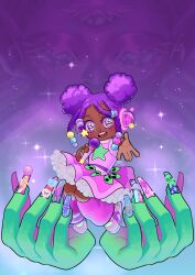 1girl afro_puffs alien animification beads braid chibi commentary crescent curly_hair cyber_fashion dark-skinned_female dark_skin disembodied_hand double_bun dreadlocks dress english_commentary gradient_background hair_beads hair_bun hair_ornament happy headphones highres holding holding_microphone idol idol_clothes jumping leg_warmers loony-bear microphone mini_person minigirl music nail_art nail_ornament outstretched_hand paida pink_dress pink_leg_warmers pink_shoes purple_hair real_life shoes singing smile solo sparkle star_(symbol) textless_version ufo variant_set very_dark_skin vivienne_westwood