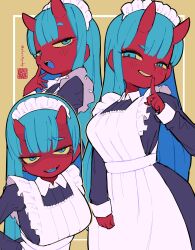 1girl annoyed apron black_hairband blue_eyes blue_hair blue_skirt breasts colored_sclera colored_skin fangs finger_to_mouth hairband half-closed_eyes highres horns iwako_(eiken3kyuboy) large_breasts long_hair maid maid_apron maid_headdress multiple_expressions oni original red_skin shaded_face skin-covered_horns skirt smirk solo squinting sweatdrop twitter_username yellow_sclera