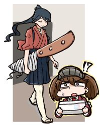 !? 2girls black_hair black_hakama brown_eyes brown_hair closed_eyes commentary_request cyama_land hakama hakama_short_skirt hakama_skirt houshou_(kancolle) japanese_clothes kantai_collection kariginu kimono knife long_hair multiple_girls oversized_object pantyhose pink_kimono ponytail ryuujou_(kancolle) skirt tasuki twintails upper_body visor_cap white_pantyhose