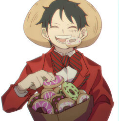 1boy bag black_hair bow bowtie closed_eyes collared_shirt commentary_request donut facial_scar facing_viewer food food_in_mouth hat holding holding_bag holding_donut holding_food jacket long_sleeves male_focus monkey_d._luffy mouth_hold one_piece open_mouth pandar_op red_bow red_bowtie red_jacket scar scar_on_cheek scar_on_face shirt short_hair solo straight-on straw_hat teeth_hold upper_body white_background white_shirt