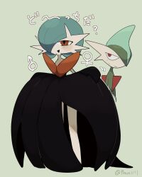 1boy 1other a-nya alternate_color ambiguous_gender artist_name black_dress black_gloves blue_hair blush bob_cut clothes_lift colored_skin dress dress_lift gallade gardevoir gen_3_pokemon gen_4_pokemon gloves green_background green_hair green_skin hair_over_one_eye half-closed_eyes hands_up happy highres japanese_text legs lifting_own_clothes long_dress looking_at_another looking_at_viewer mars_symbol mega_gardevoir mega_pokemon mohawk multicolored_hair multicolored_skin nintendo one_eye_covered open_mouth other_focus pokemon pokemon_(creature) red_eyes shiny_pokemon short_hair signature simple_background smile solo_focus strapless strapless_dress sweat talking translation_request twitter_username two-tone_hair two-tone_skin venus_symbol white_skin