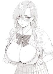 1girl asymmetrical_bangs blush bow bowtie bra breasts cleavage closed_mouth collared_shirt commentary cowboy_shot diagonal-striped_bow diagonal-striped_bowtie diagonal-striped_clothes flashing furrowed_brow glaring goshiki_suzu greyscale hair_between_eyes highres large_breasts long_hair looking_at_viewer mole mole_under_eye monochrome open_clothes open_shirt original parted_bangs plaid_clothes plaid_skirt pleated_skirt shirt shirt_tucked_in simple_background skirt solo spot_color striped_clothes sweatdrop tokiwa_nao underwear white_background yellow_eyes