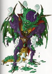 1boy absurdres bat_wings black_nails brain colored_skin cross cross_necklace dragon_quest dragon_quest_vii drooling earrings exposed_bone exposed_brain fingernails green_skin green_wings guro highres hoop_earrings horns jewelry juliet_sleeves long_sleeves looking_at_viewer male_focus melting multiple_piercings necklace official_art open_mouth orgo_demira pants pointy_ears puffy_sleeves purple_pants red_eyes scan sharp_fingernails silver_earrings solo spiked_tail tail third-party_source toriyama_akira torn_clothes torn_wings triclops white_background wings
