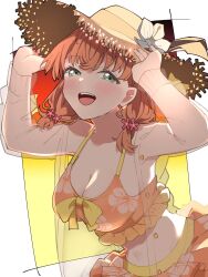 1girl :d adjusting_clothes adjusting_headwear backlighting bikini bikini_skirt blush border breasts brown_hat cleavage collarbone commentary_request crossed_bangs floral_print_bikini flower frilled_bikini frills gradient_background green_eyes half-closed_eyes hat hat_flower highres hinoshita_kaho jacket jacket_over_swimsuit leaning_forward link!_like!_love_live! liz_(piyoko_piyop) looking_at_viewer love_live! low_twintails medium_breasts medium_hair navel official_alternate_costume open_mouth orange_background orange_bikini orange_hair outside_border revision see-through_clothes see-through_jacket short_twintails simple_background smile solo splash!!!!_(love_live!) stomach straw_hat swimsuit teeth twintails upper_body upper_teeth_only virtual_youtuber white_border white_flower yellow_background