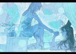 2girls animal_ears bare_arms bare_shoulders black_hair blue_theme bottle curtains dress from_side highres holding jewelry knees_up letterboxed long_hair looking_at_another lying multiple_girls original plant potted_plant profile rabbit_ears sitting sleeveless sleeveless_dress wet wet_hair white_dress yellowshark601 yuri